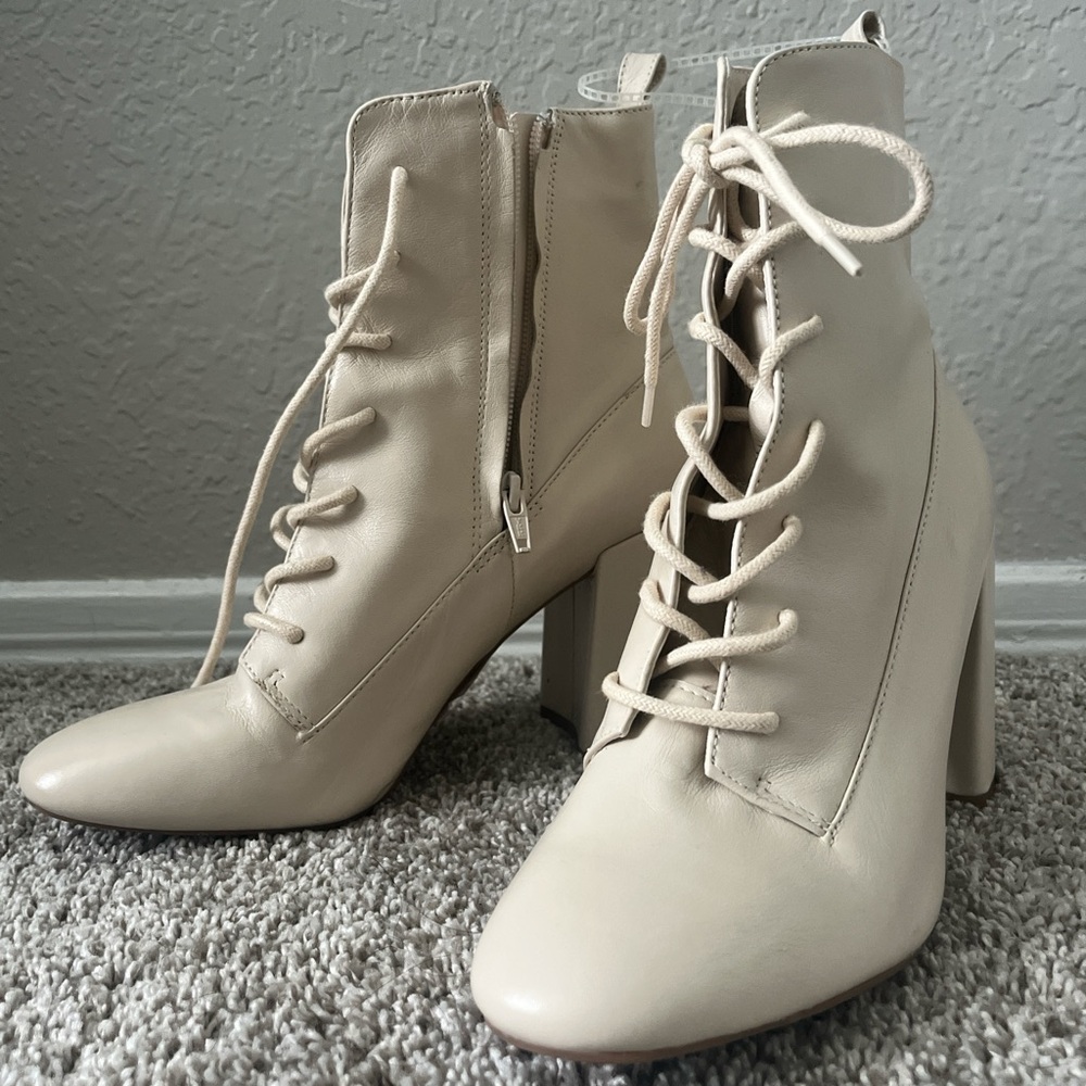 Elegant Cream Lace-Up Ankle Boots
